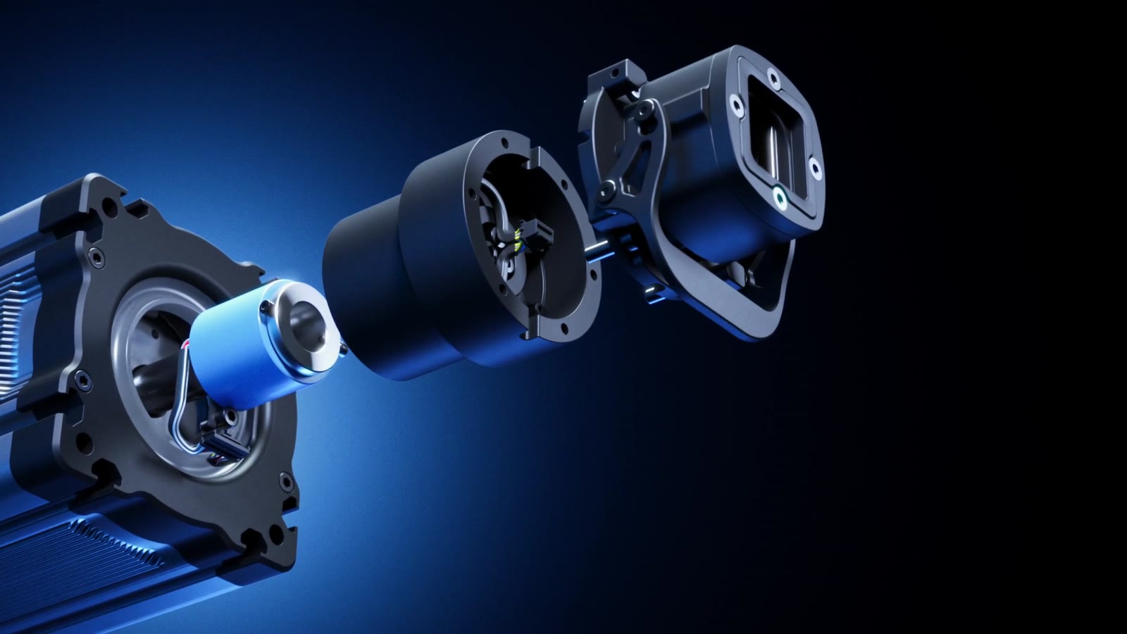 A direct-drive unit pulled apart into its housing, rotor, encoder and mount plate.