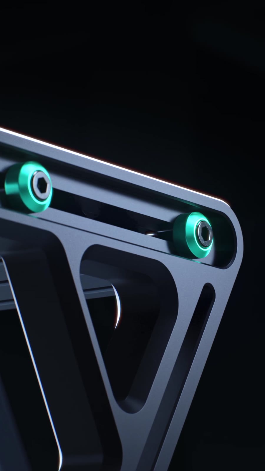 A machined rig frame lit from within, its bearings picked out in cyan.